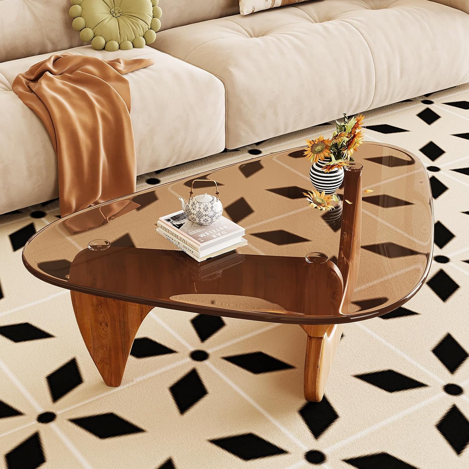 Coffee Table For Living Room Mid Century Modern Center Table With Glass Top And Wood, 32 Inch, Brown/Walnut