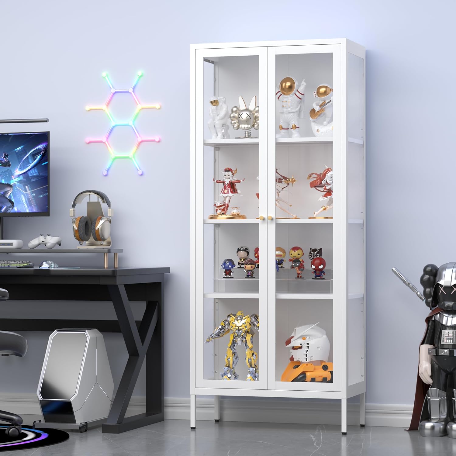 Display Cabinet With Glass Doors, Glass Display Cabinet 4-Tier, Metal Curio Display Cabinet With Tempered Glass Doors For Living Room, Plant, Display Shelf, Assembly Required, White
