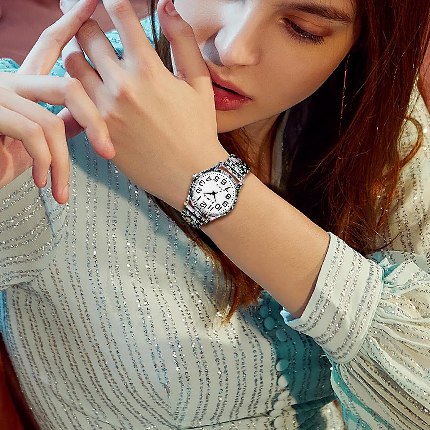 OIDEA Stretch Band Watches for Women: Bohemia Easy Reader Elastic Watch Large Face Big Number Analog Quartz Bracelet Watch Expansion Band Wristwatch