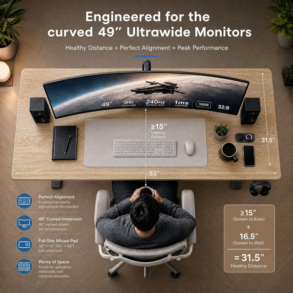 55X32 Extra-Deep Electric Standing Desk, Wide Desktop Fits 49" Ultrawide Monitor+Dual Screens, 176 Lbs Capacity, 2 Memory Presets, Anti Collision, Computer Desk For Home Office & Gaming, Oak