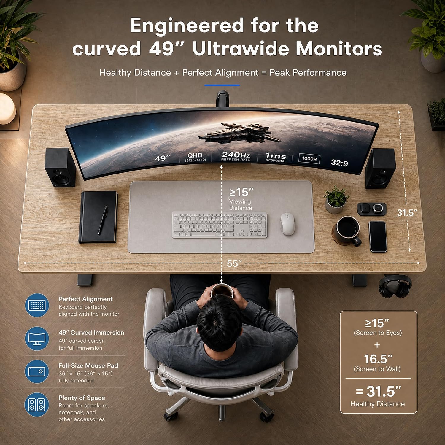55X32 Extra-Deep Electric Standing Desk, Wide Desktop Fits 49" Ultrawide Monitor+Dual Screens, 176 Lbs Capacity, 2 Memory Presets, Anti Collision, Computer Desk For Home Office & Gaming, Oak