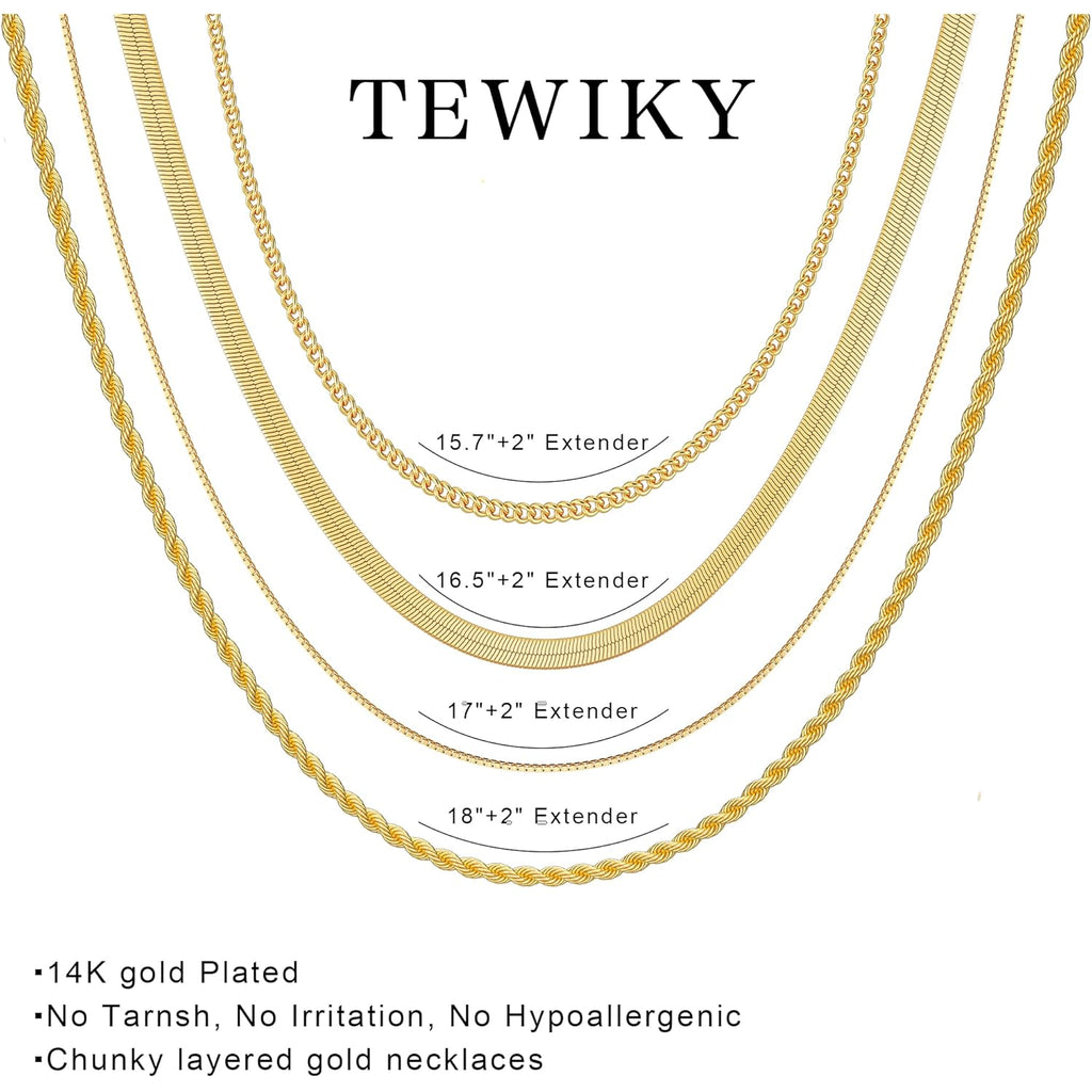 Tewiky Layered Necklaces for Women Non Tarnish- Chunky 14k Gold Plated Herringbone/Snake/Rope/Box/Cuban Link Chain for Women Waterproof Layering Stack Choker Necklace Trendy Dainty Tarnish Free Jewelry Set