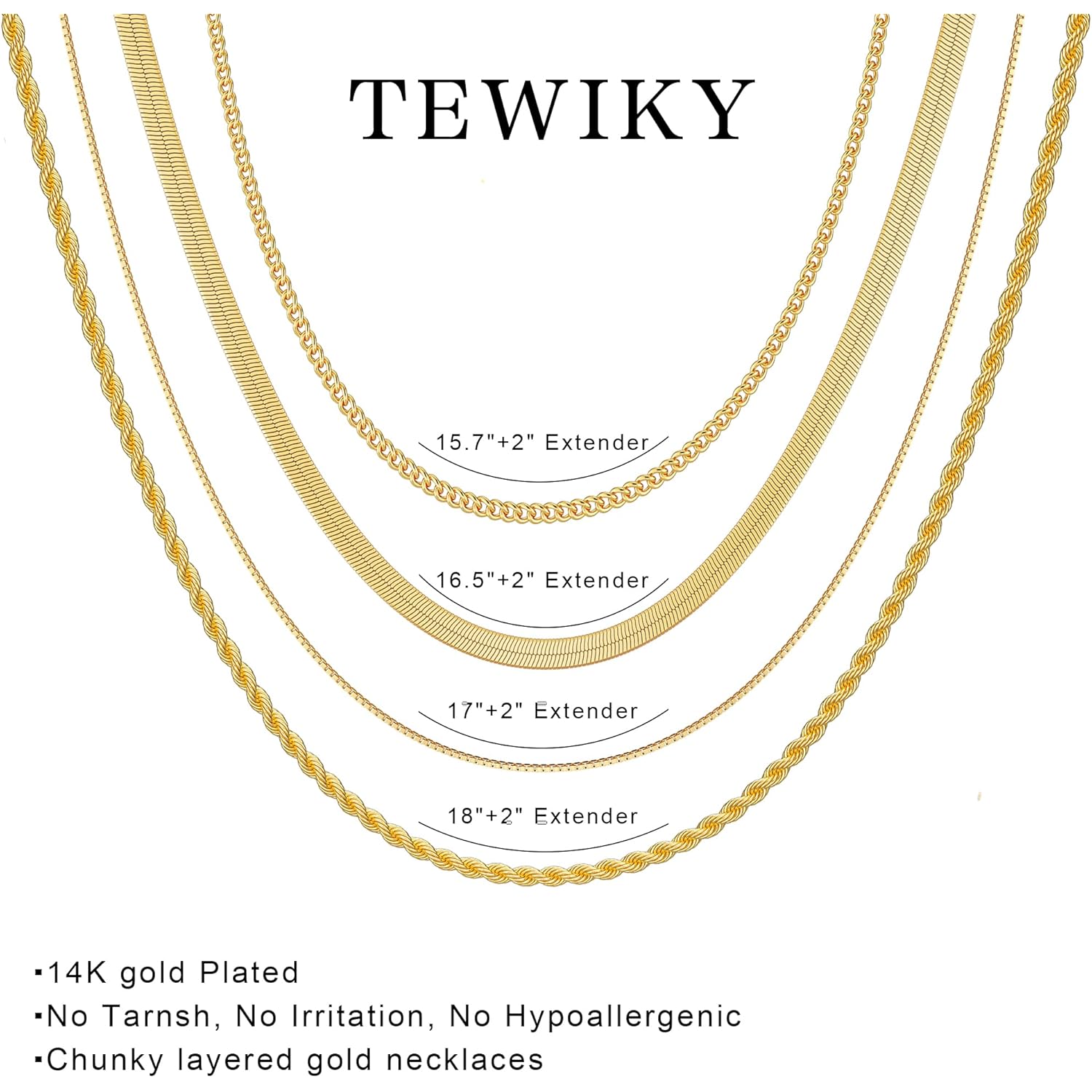 Tewiky Layered Necklaces for Women Non Tarnish- Chunky 14k Gold Plated Herringbone/Snake/Rope/Box/Cuban Link Chain for Women Waterproof Layering Stack Choker Necklace Trendy Dainty Tarnish Free Jewelry Set
