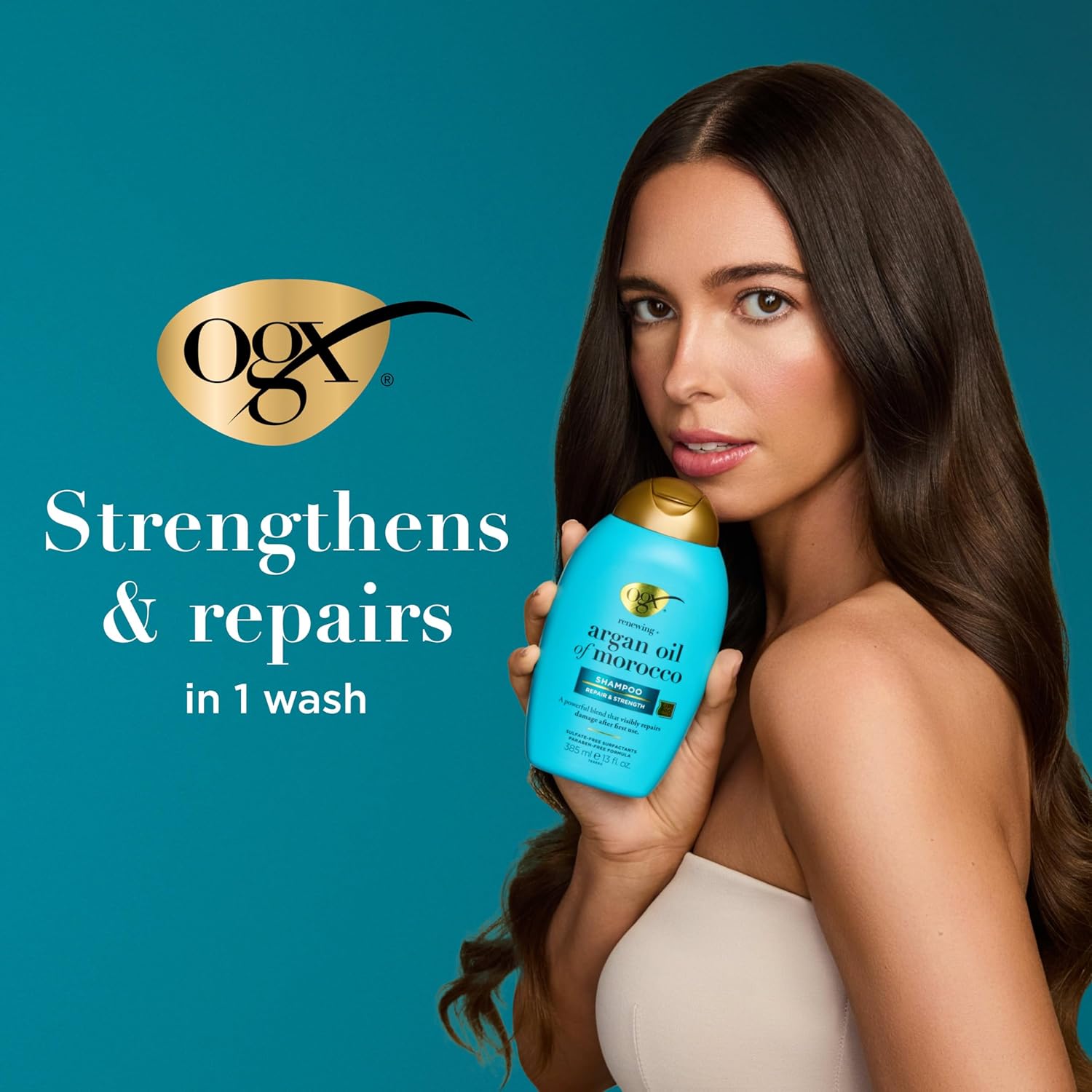 OGX Renewing + Argan Oil of Morocco Shampoo, Damage Repairing Shampoo & Argan Oil to Help Strengthen & Repair Dry, Damaged Hair, Paraben-Free, Sulfate-Free Surfactants, 13 fl. Oz