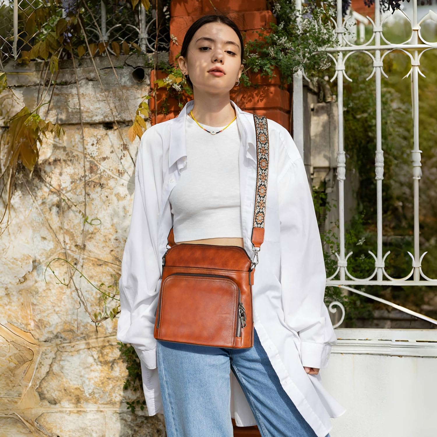 Iswee Leather Crossbody Bags for Women Multi Pockets Medium Shoulder Bag Lightweight Functional Travel Purse