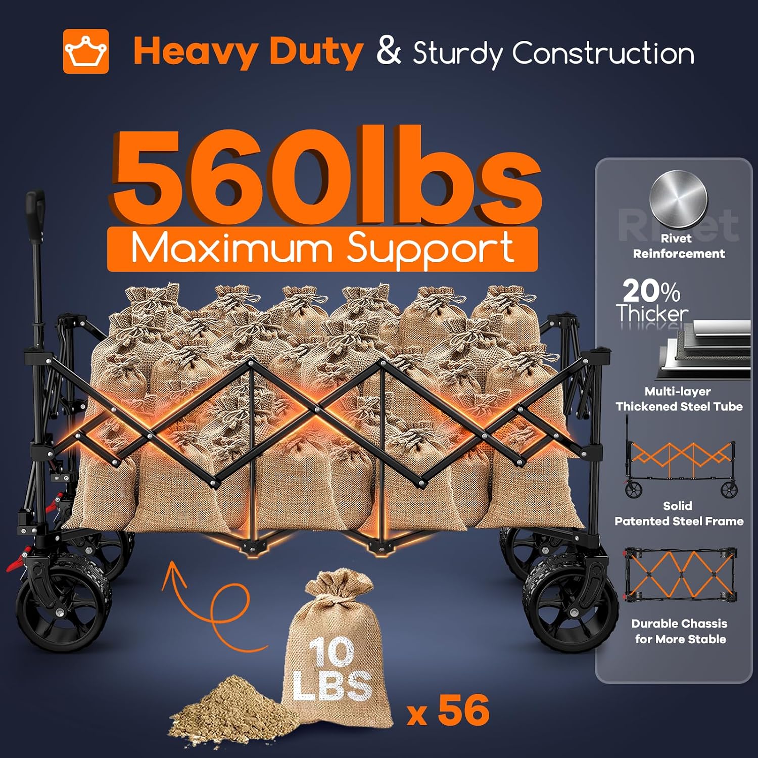 Originsure 48" L Collapsible Wagon Cart Foldable, 560Lbs Weight Capacity 300L Heavy Duty Folding Beach Wagons With Big All-Terrain Wheels, Utility Carts For Groceries, Camping, Sports - Black