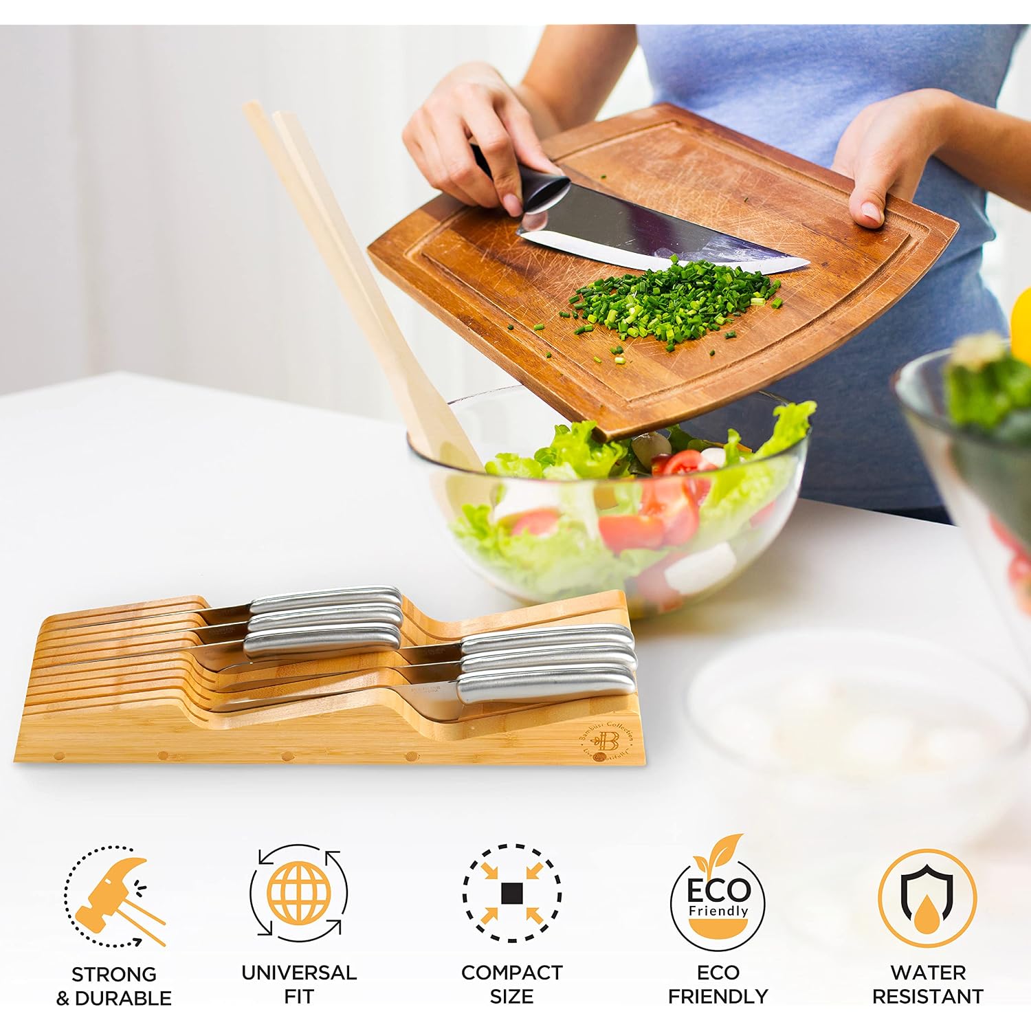 Bambüsi Knife Drawer Organizer - Bamboo Wood In-Drawer Knife Block Holder For Kitchen Drawer, 16 Slot Blade Down Knife Organizer Insert, Fits Chef & Steak Knives, Standard Drawer (Knives Not Included)