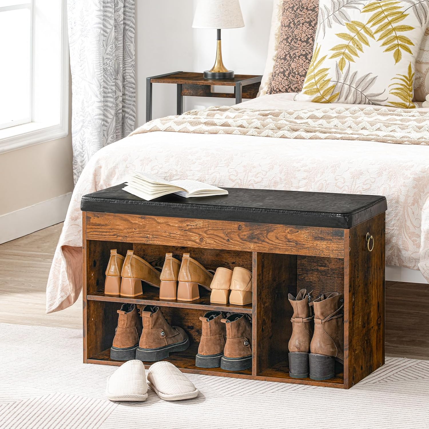 Hoobro Shoe Storage Bench With Cushion, 32.3'' Entryway Bench With Lift Top Hidden Storage And Adjustable Shelves, Wooden Shoe Rack Bench For Entryway Bedroom, Rustic Brown And Black Bf40Hx01
