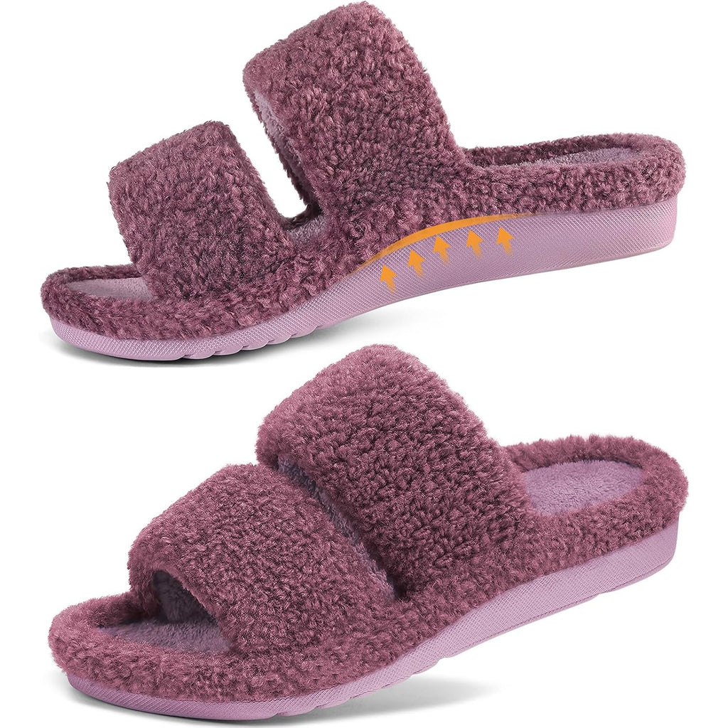 Women'S Fuzzy House Slippers With Moderate Arch Support Open Toe Cozy Bedroom Shoes Indoor