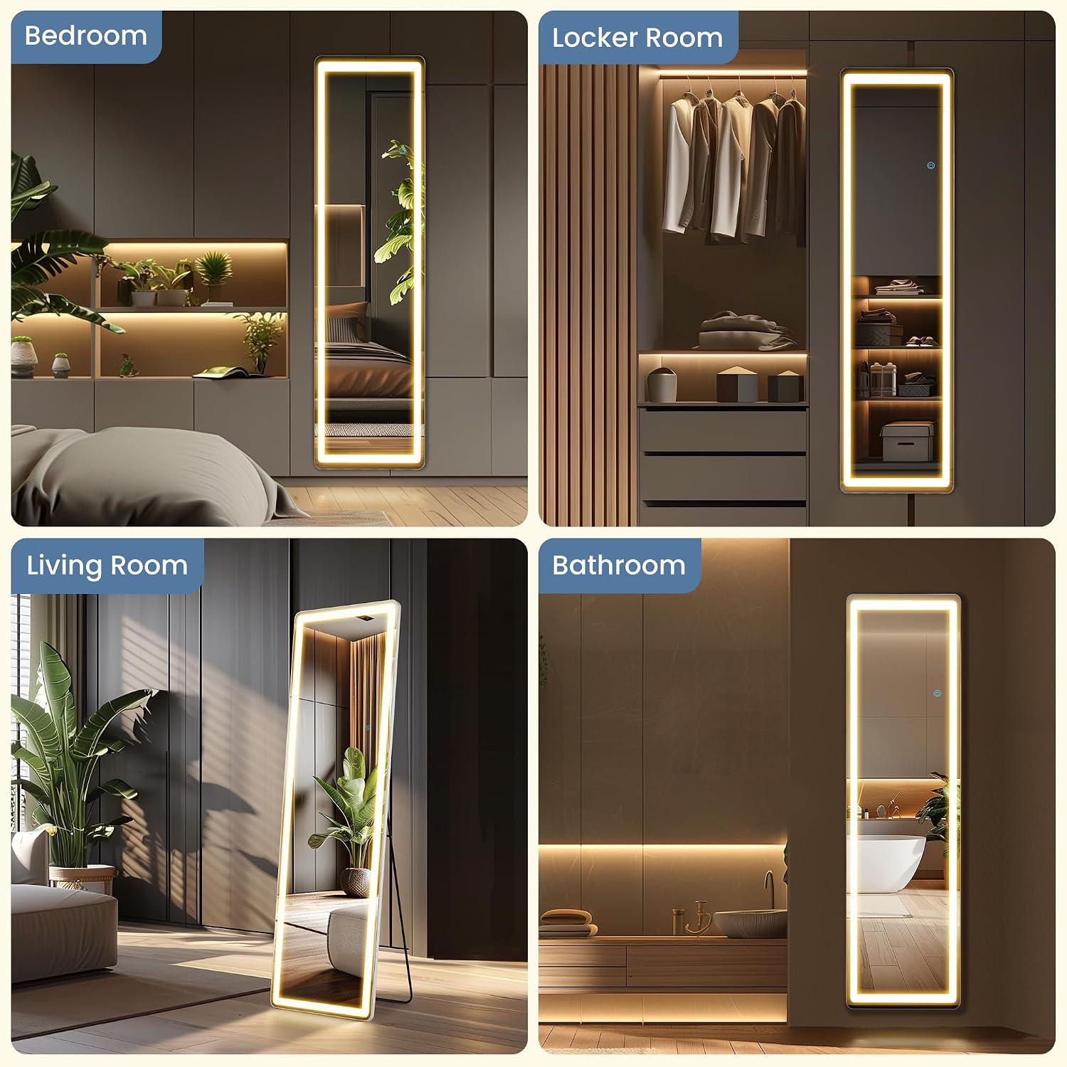 Dumos 16" X 60" Led Full Length Mirror With Lights, Lighted Floor Full Body Mirrors With 3 Color Lighting, Wall Mounted Stand Mirror For Bedroom, Dressing Room, Living Room, Bathroom