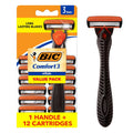 BIC Comfort 3 Men's Refillable 3-Blade Razors with 1 Handle and 12 Cartridges, Smooth Shave Razor Set for Men