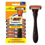 BIC Comfort 3 Men's Refillable 3-Blade Razors with 1 Handle and 12 Cartridges, Smooth Shave Razor Set for Men