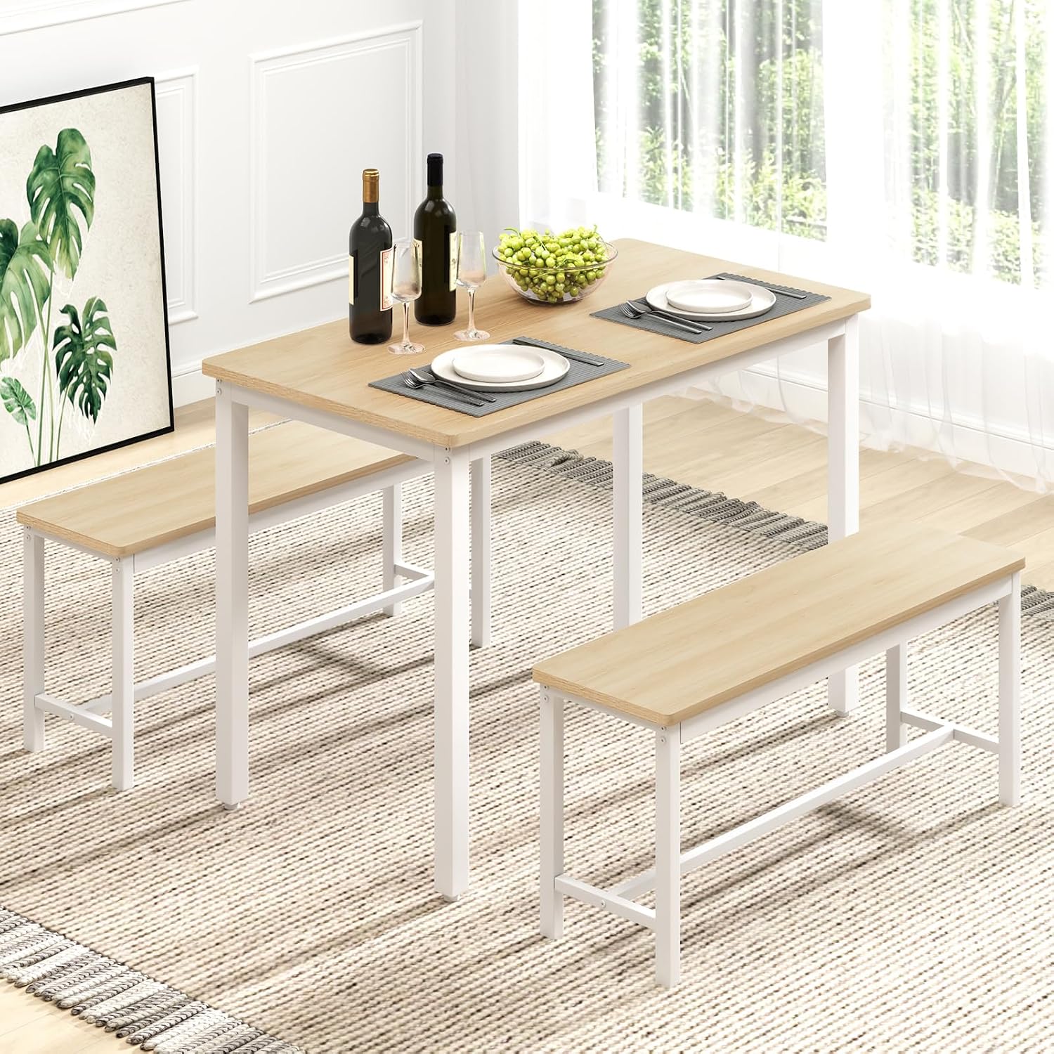 Rovibek 43" Dining Room Table Chairs Set For 4, Modern Space Saving Kitchen Table With 2 Benches & Adjustable Feet Breakfast Table, Wooden Industrial Style Farmhouse, White