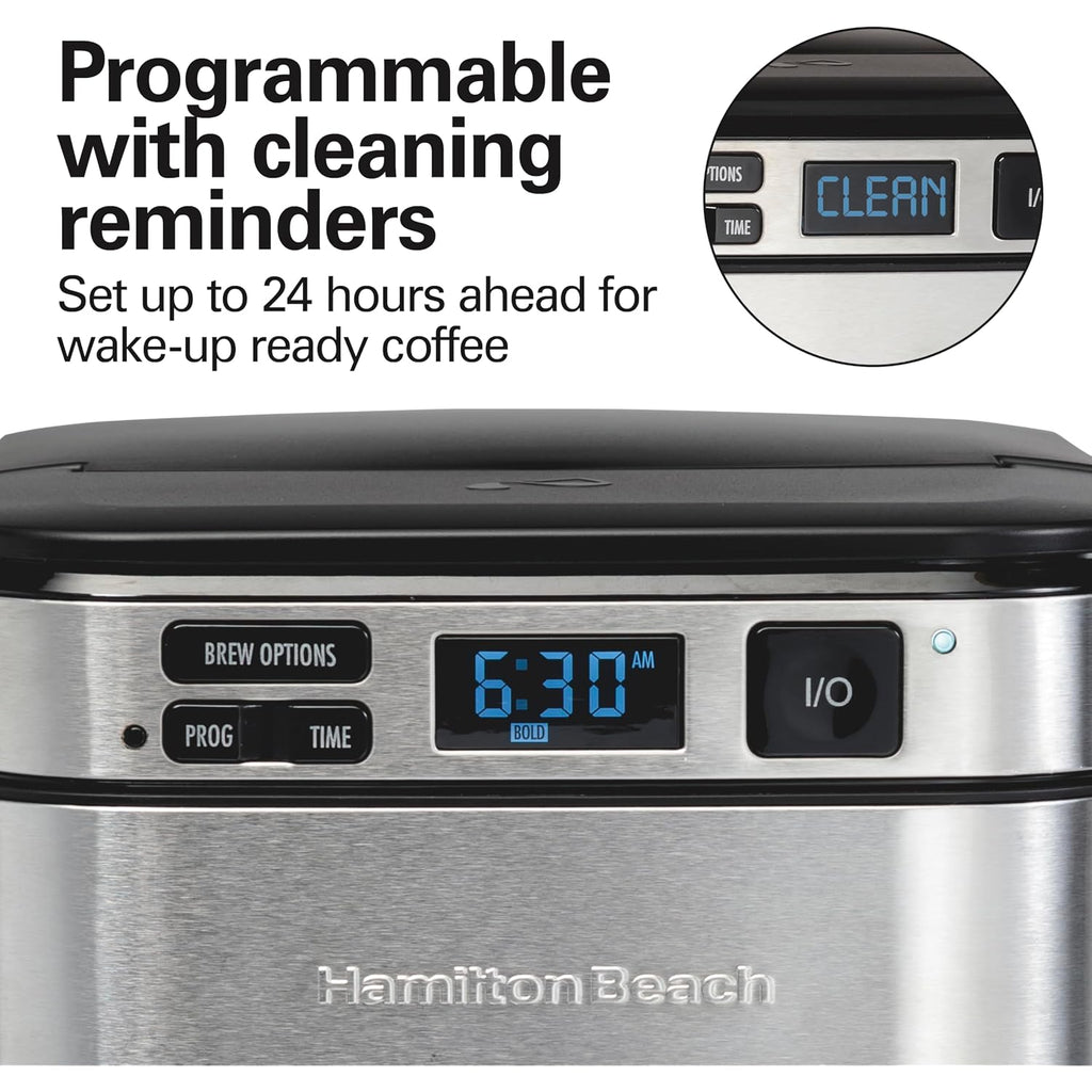 Hamilton Beach Frontfill 12 Cup Programmable Drip Coffee Maker | Regular & Bold Brew Options | Auto Pause And Pour | Glass Carafe | Black With Stainless Accents | 46310