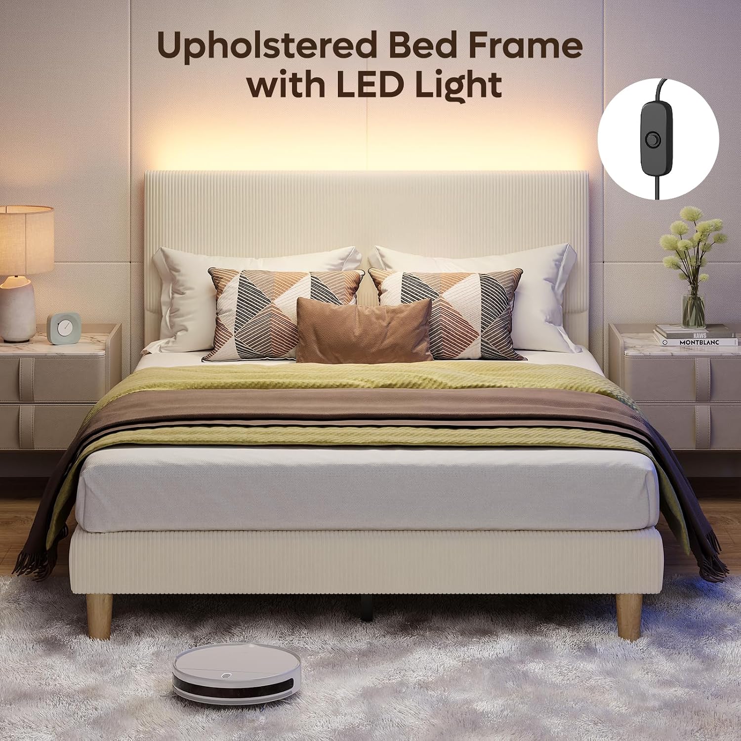 Bestier Queen Bed Frame With Headboard Led Lighting,Upholstered,Beige