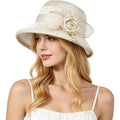 Women Flower Bowler Sun Hat Wide Brim Cloche Bucket Hat Foldable Breathable Wedding Church Tea Party Fascinator Beige
