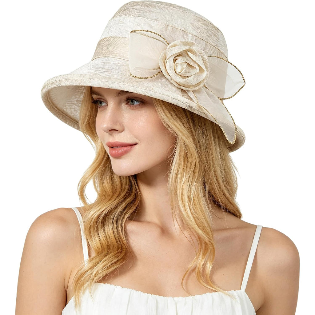 Women Flower Bowler Sun Hat Wide Brim Cloche Bucket Hat Foldable Breathable Wedding Church Tea Party Fascinator Beige