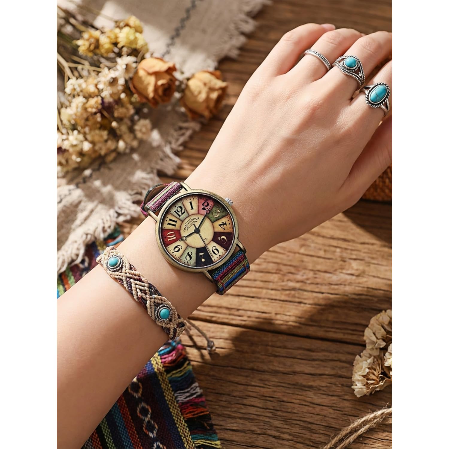 Gosasa Vintage Elegant Boho Hippie Style Quartz Watch for Women, Large Arabic Numerals Dial Creative Dress Colorful Ladies Watch, Fashion Casual Women Wristwatch with Rainbow Woven Strap