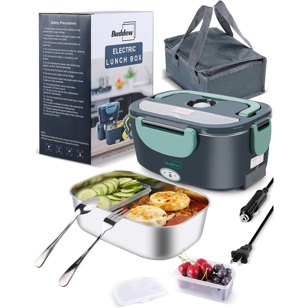Buddew Electric Heated Lunch Box, 80W Fast Heating, 1.5L Food-Grade 304 Stainless Steel, 12V/24V/110V Portable Food Warmer for Car Truck Office Adults, Lonchera Electrica Portatil (Green)