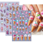 Summer Nail Art Stickers 5D Embossed Ice Cream Cone Nail Stickers 3D Self-Adhesive Lollipop Nail Decals Gold Butterfly Nail Designs Fruit Flower Nail Art Decoration for Women Girls Manicure 3 Sheets