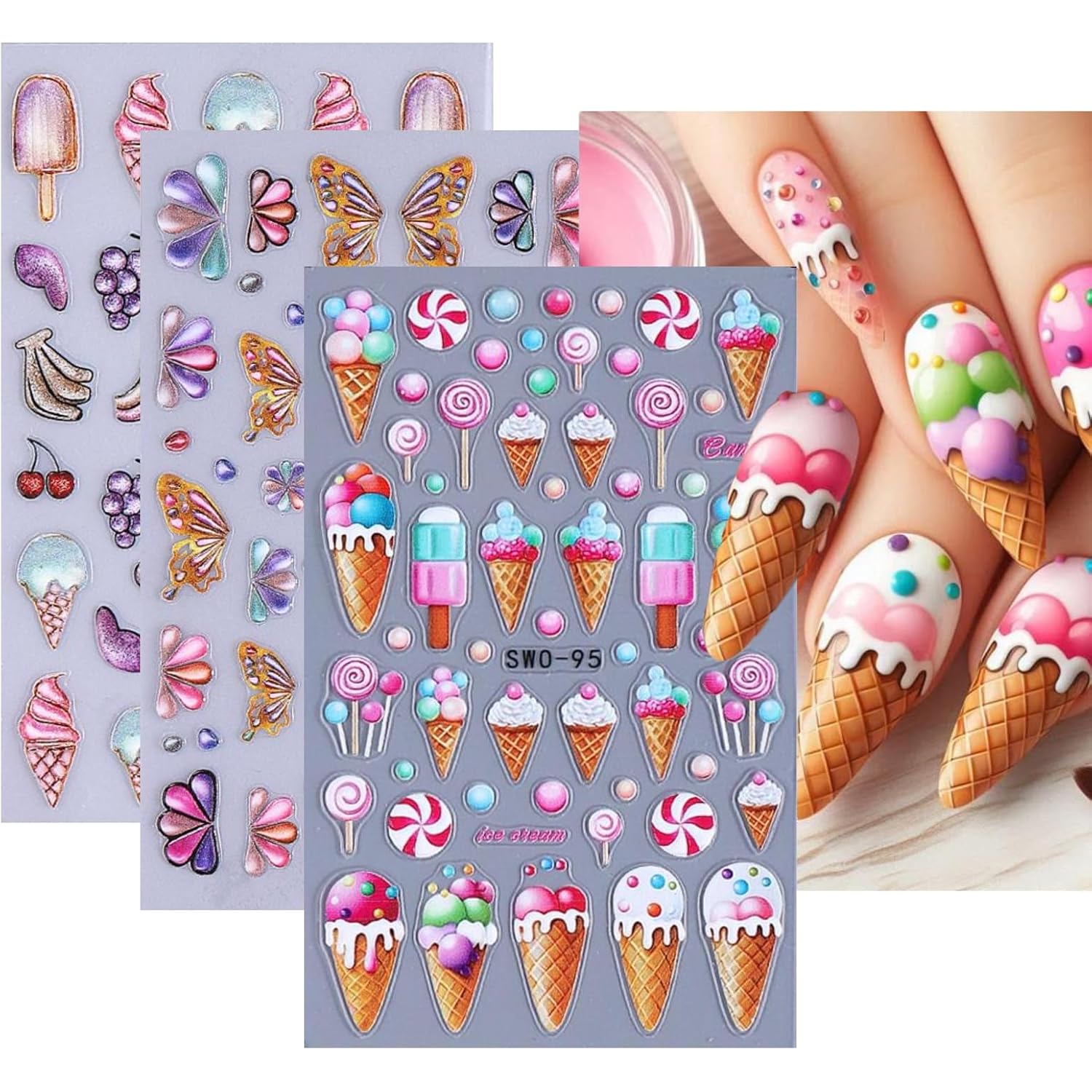 Summer Nail Art Stickers 5D Embossed Ice Cream Cone Nail Stickers 3D Self-Adhesive Lollipop Nail Decals Gold Butterfly Nail Designs Fruit Flower Nail Art Decoration for Women Girls Manicure 3 Sheets
