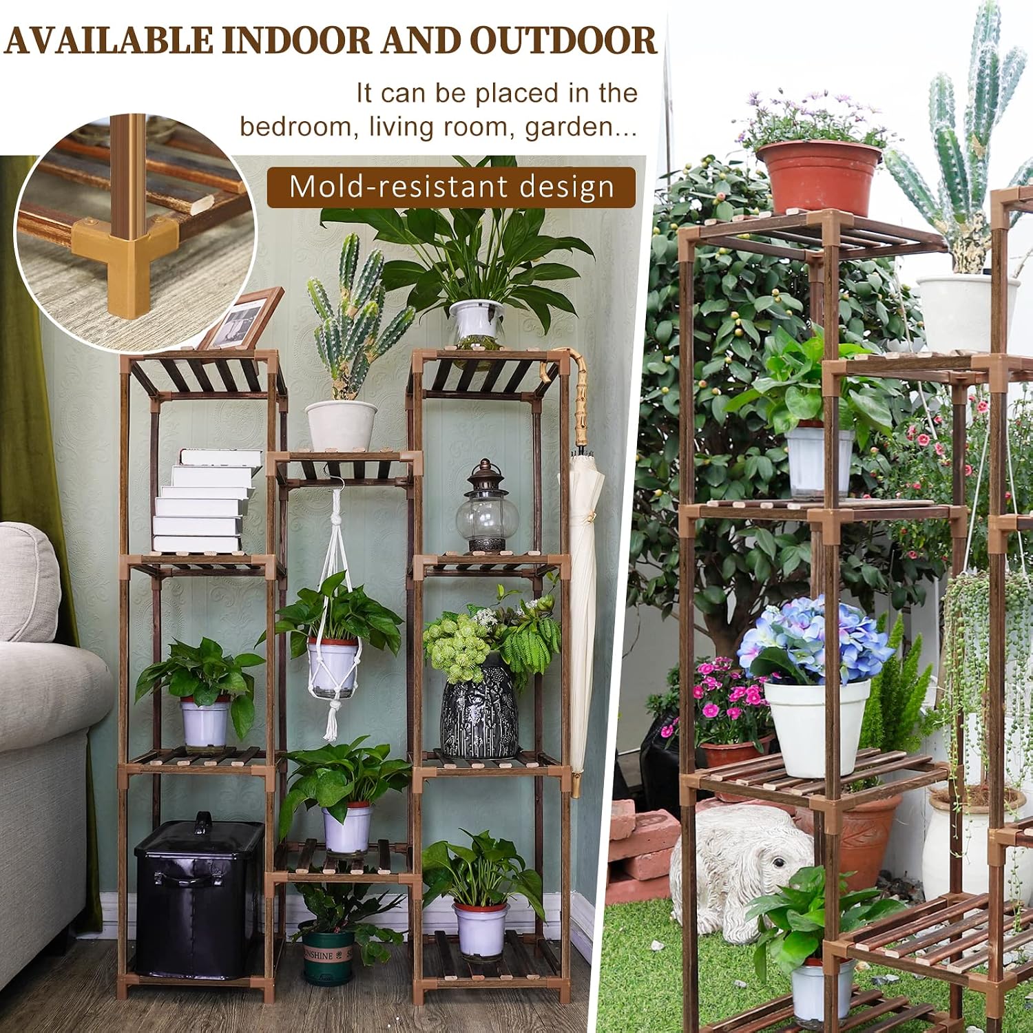 Plant Stand Indoor Outdoor, Tall Plant Shelf For Multiple Plants, 10 Tiers 11 Pot Large Plants Holder Rack Wood Plant Shelves For Room Corner Balcony Garden Patio