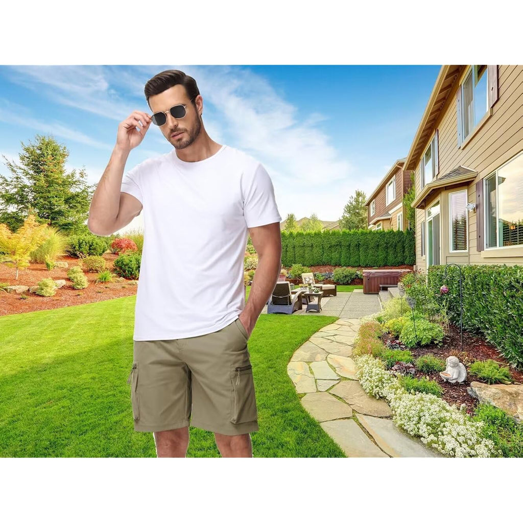 Qpngrp Men'S 9" Inseam Stretch Waist Zipper Cargo Shorts With 6 Pockets