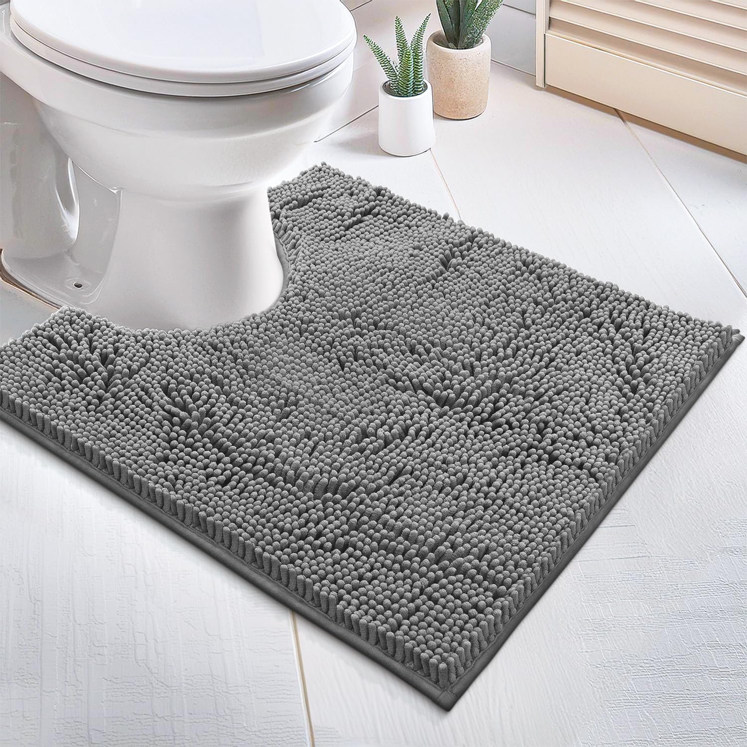 LuxUrux Toilet Rugs U Shaped Washable, Bathroom Toilet Mat, Extra-Soft Plush Bath Bathroom Rug,1'' Chenille Microfiber Material, Super Absorbent Shaggy Machine Wash & Dry (20 x 20 inch, Light Grey)