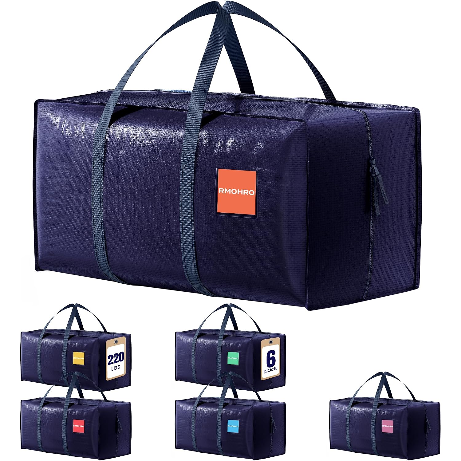 6 Pack Moving Bags Heavy Duty 210Gsm With Full-Open Side Zipper, 93L 220Lbs Waterproof Foldable Storage Totes For College Dorm Move-In, Moving Boxes Alternative & Home Organization, Blue
