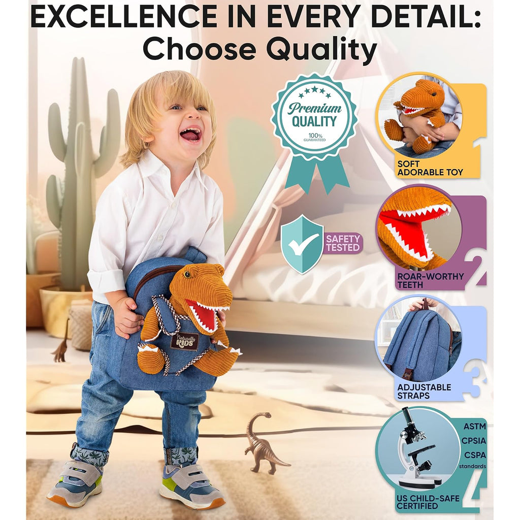 Naturally Kids Toddler Backpack W. Plush Dinosaur Toy, Kids Gift 2 3 4 5 | 2-In-1 Dinosaur Backpack, Dinosaur Toys For Kids 3-5, 2-4 In Gift-Ready Box, 2 Year Old Boy Birthday Gift & Christmas