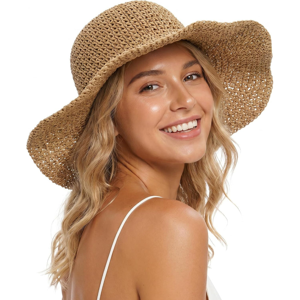 Summer Straw Hats for Women Wide Brim Foldable Summer Beach Vacation Packable Travel Cap Lightweight Brown Brown