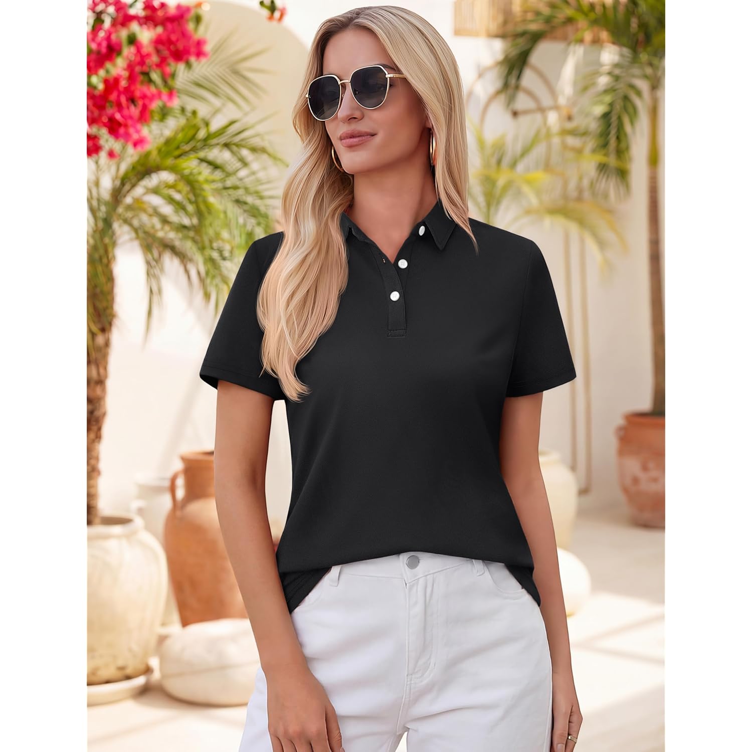 Women's Polo Shirts Short Sleeve V Neck Business Casual Tops Golf Collared 3 Buttons Summer Work Blouse