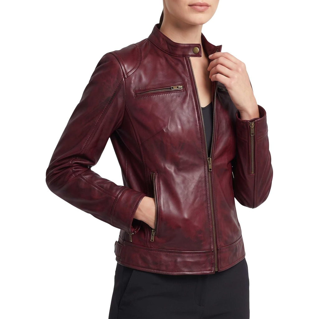 Women’S Real Lambskin Leather Jacket - Moto Cafe Racer Jacket With Zip Pockets & Snap Collar