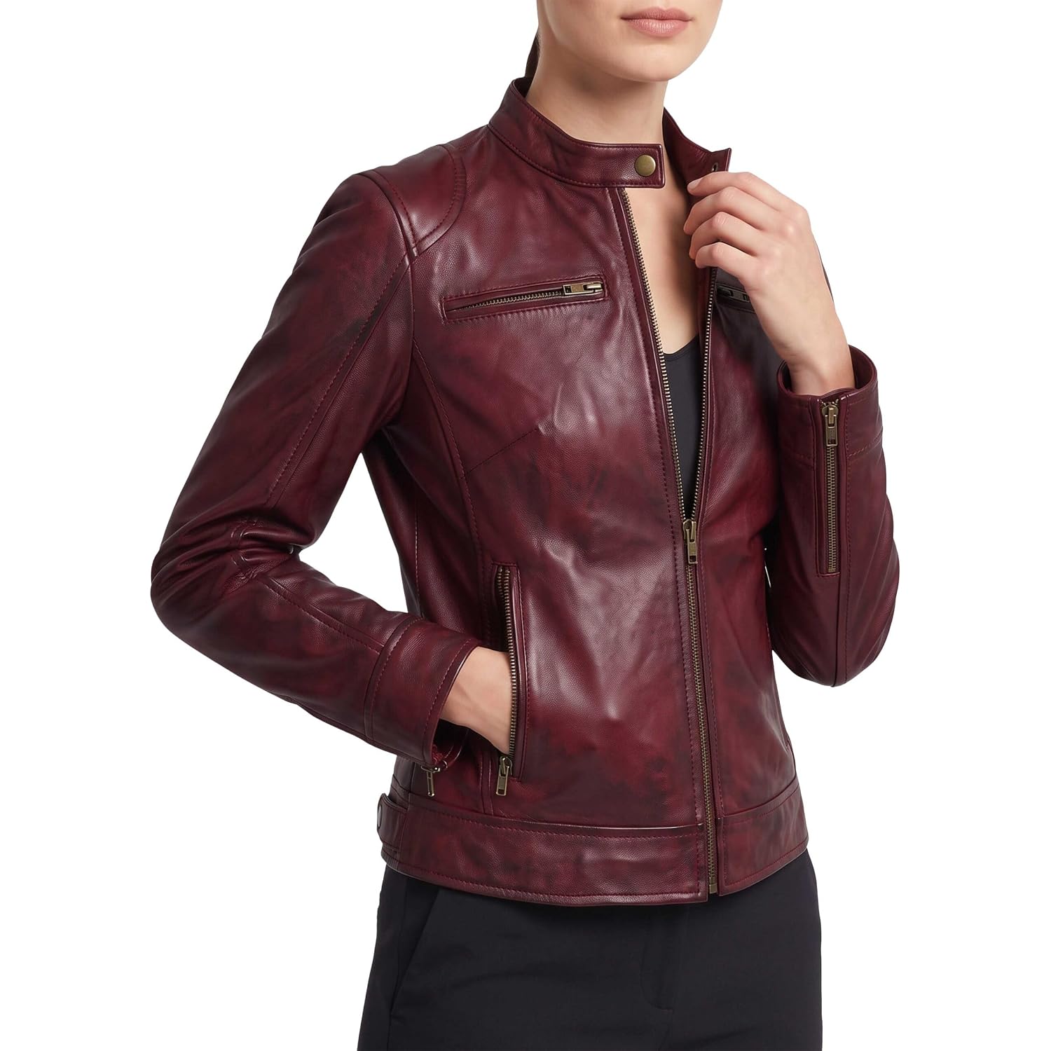 Women’S Real Lambskin Leather Jacket - Moto Cafe Racer Jacket With Zip Pockets & Snap Collar
