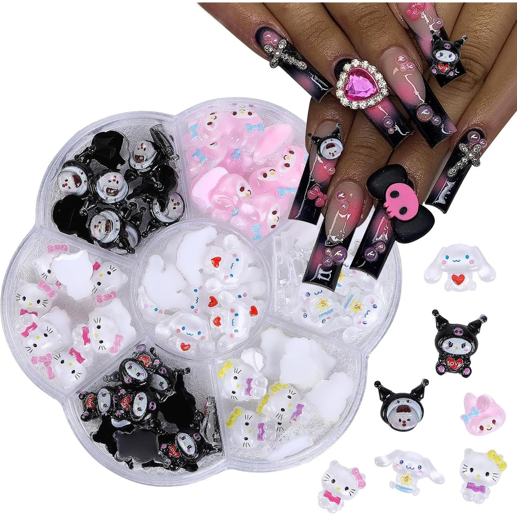 70Pcs Kawaii Nail Charms, 3D Cute Cartoon Nail Art Decorations, Resin Flatback Charms for Acrylic Nails DIY Crafts, 7 Styles with Storage Box