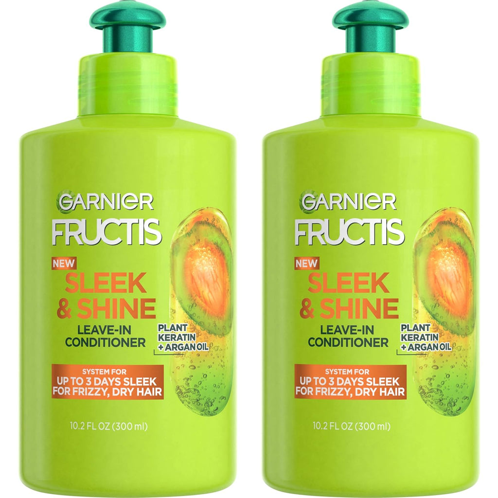 Garnier Fructis Sleek and Shine Intense Smooth Leave In Conditioner, Conditioning Hair Cream for Frizzy, Dry Hair, Plant Keratin + Argan Oil, 10.2 Fl Oz (Pack of 2)