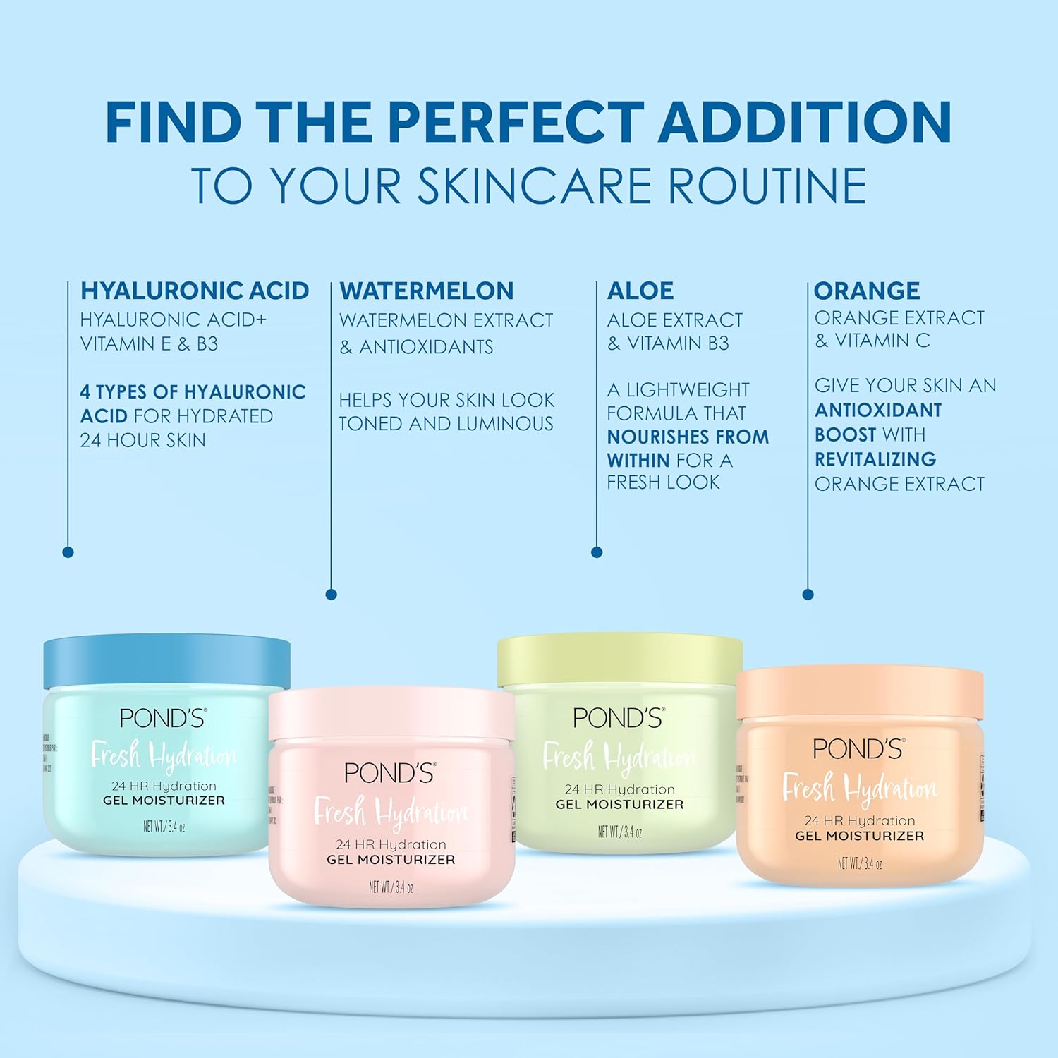 POND’S Fresh Hydration Gel Moisturizer – 24 HR Hydration with Vitamin E, Hyaluronic Acid & Vitamin B3 – Alcohol & Oil-Free Face Moisturizer – Dermatologist Tested, 3.4 oz