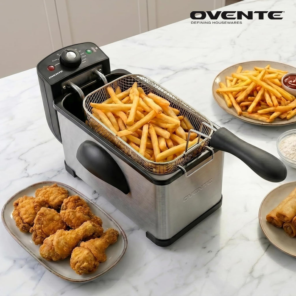 Ovente Electric Deep Fryer 2 Liter Capacity, 1500 Watt Lid With Viewing Window And Odor Filter, Adjustable Temperature, Removable Frying Basket And Easy To Clean Stainless Steel Body, Silver Fdm2201Br