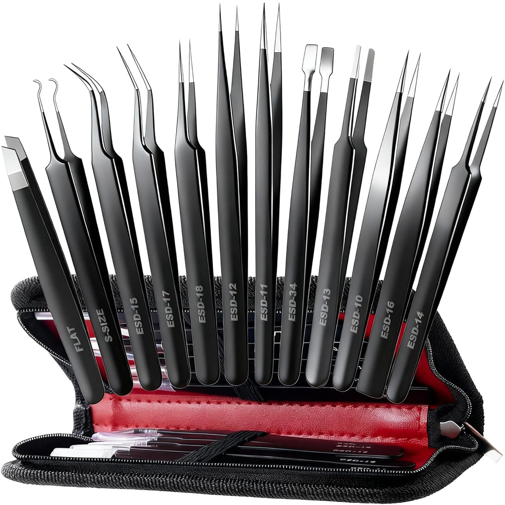 Antonki 12 Pack Precision Tweezers Set for Craft, Soldering, Jewelry, Facial Hair, Eyebrow, Ingrown Hair Removal, Eyelash Extension- with Case