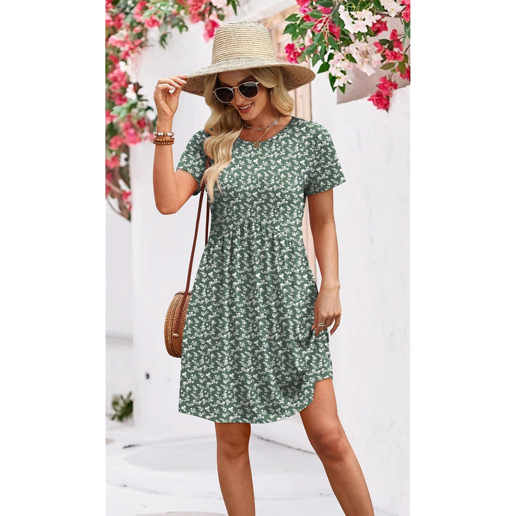 Ofeefan Spring Dresses For Women 2026 Short Sleeve Crew Neck Casual Dresses Empire Waist Maternity Dress With Pockets