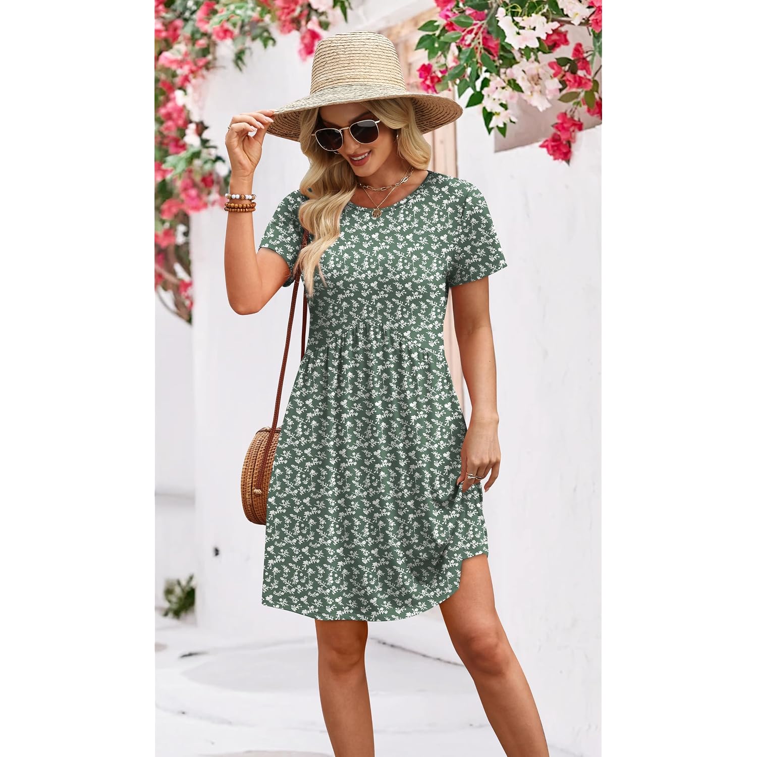 Ofeefan Spring Dresses For Women 2026 Short Sleeve Crew Neck Casual Dresses Empire Waist Maternity Dress With Pockets