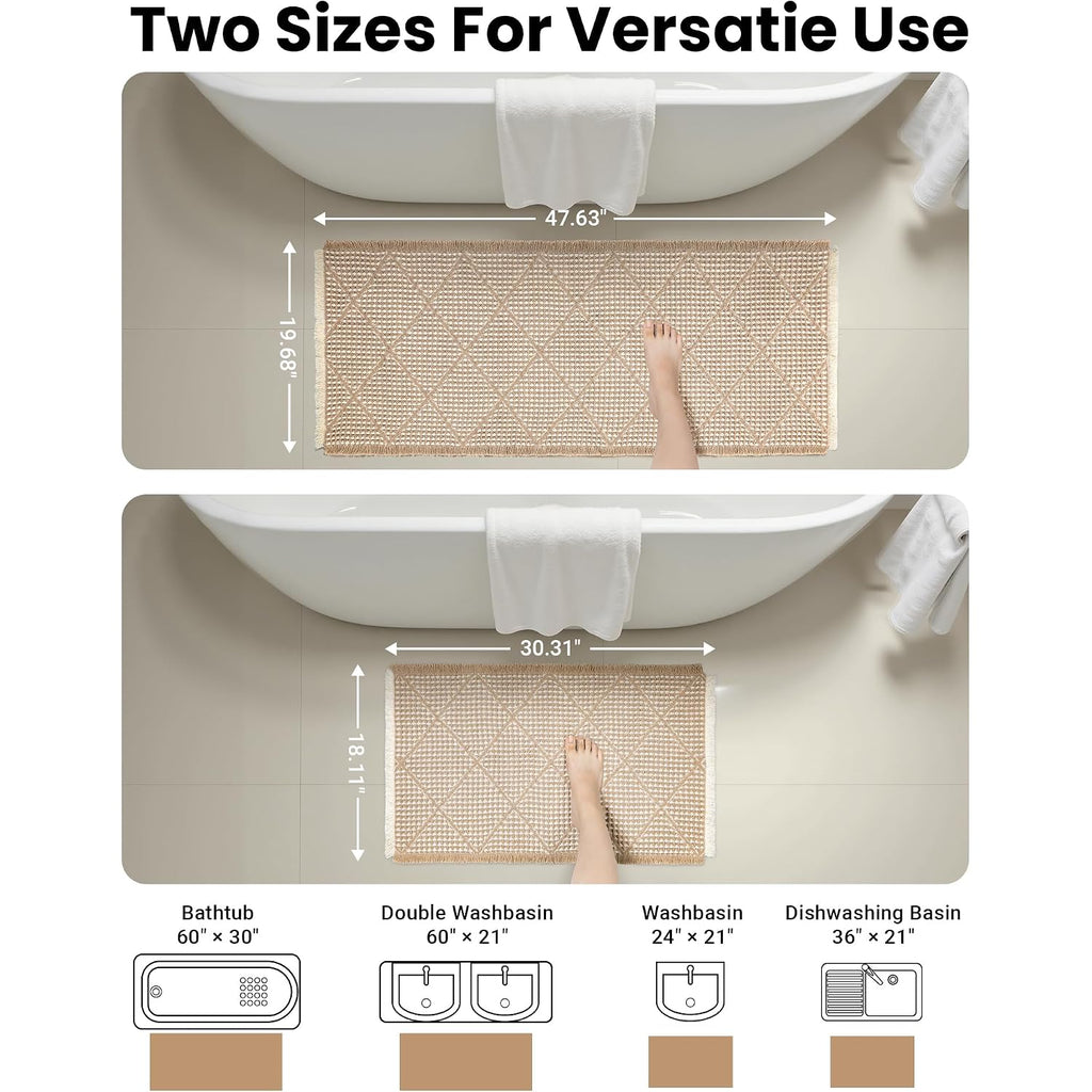 Waffle Bath Mat Set, Non Slip Bathroom Rugs Sets 2 Piece, Ultra Absorbent Long Bath Rug Runner For Bathroom Boho Chic Decor, Machine Washable Floor Mats, Brown & White, 20"×47" Plus 18"×30"