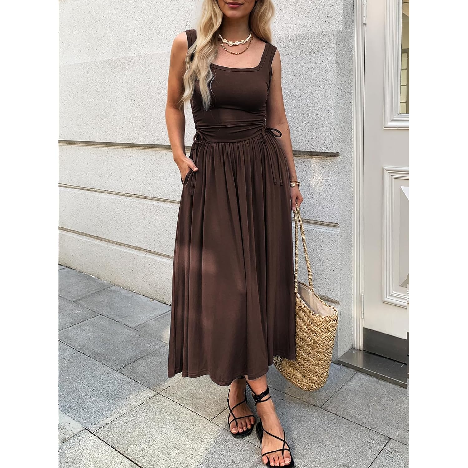 Mieazom Women’S Boho Summer Maxi Dress With Pockets, Adjustable Waist, Sleeveless Casual Ruched Sundress For Beach Vacation