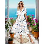 Womens Summer Casual Dresses Short Sleeve Midi Warp V-Neck Floral Dress with Pockets Tiered Flowy A Line Sundress