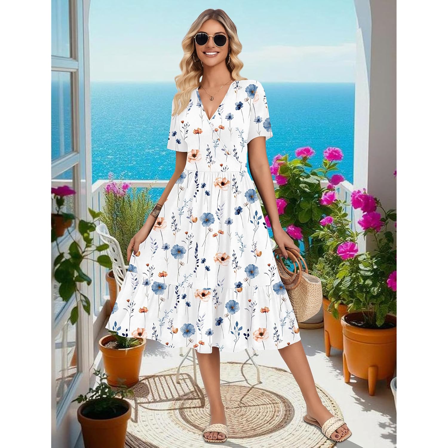 Womens Summer Casual Dresses Short Sleeve Midi Warp V-Neck Floral Dress with Pockets Tiered Flowy A Line Sundress