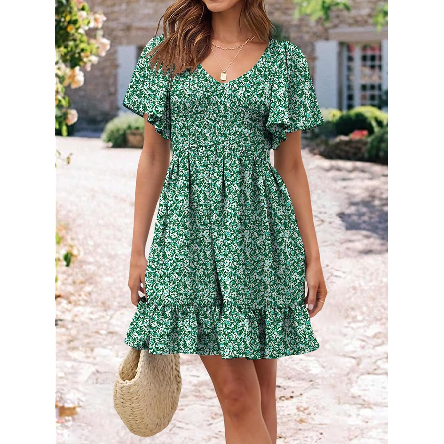 Ueal Womens Cute Floral Smocked V Neck Flutter Sleeve Sundress With Pockets Casual Spring Summer Dresses For Women 2026