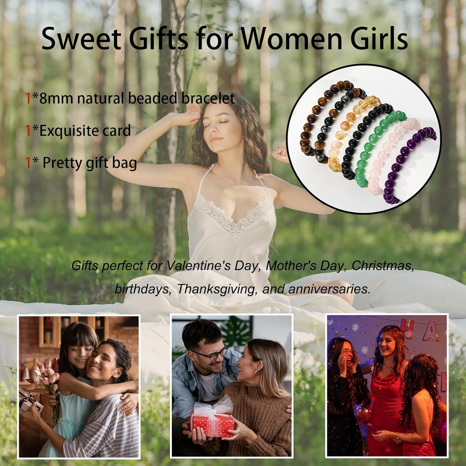 Gnamy Healing Crystal Bracelet for Women, Natural Stone Beaded Healing Crystal Bracelet Triple Protection Stress Relief Beads Jewelry Birthday Gifts Jewelry for Her