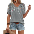Ofeefan Womens Tops Short Sleeve Shirts Buttons V Neck Spring Fashion Summer Outfits Plus Size Blouses Dressy Casual