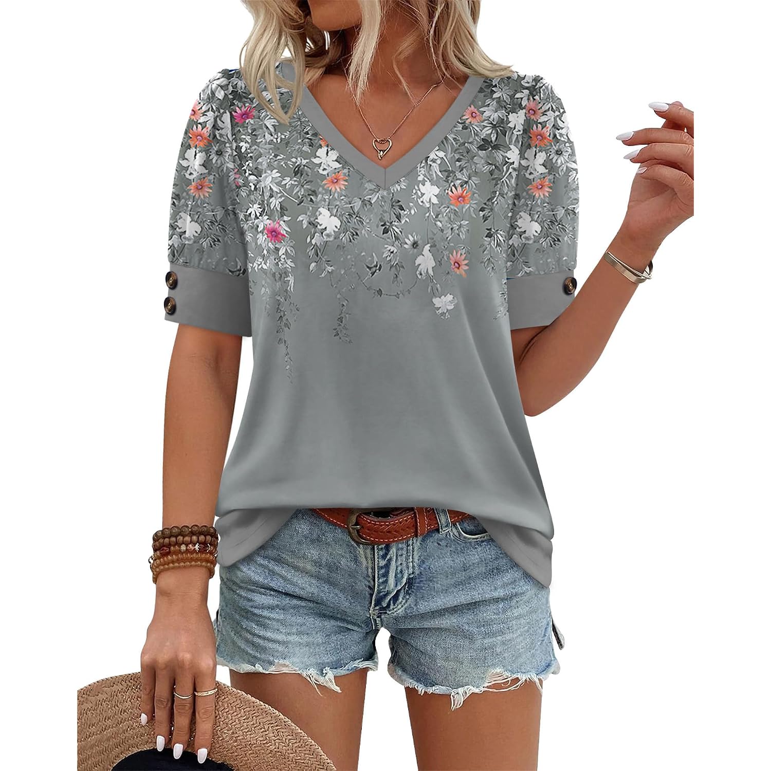 Ofeefan Womens Tops Short Sleeve Shirts Buttons V Neck Spring Fashion Summer Outfits Plus Size Blouses Dressy Casual