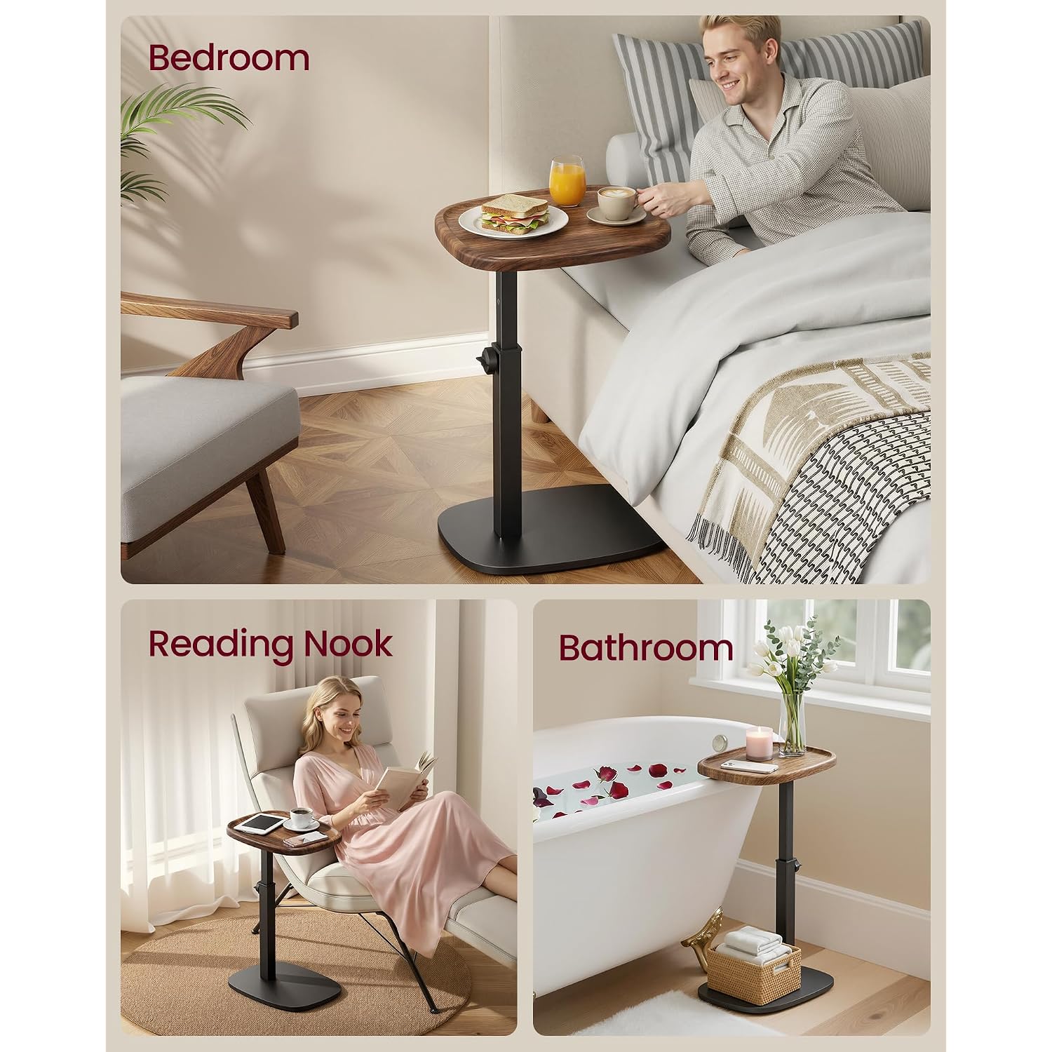 Vasagle C Side Table Adjustable Height, Couch Sofa Table, End Table, Tv Tray For Small Spaces, 11.8 X 15.7 X 27.2 Inches, For Living Room, Bedroom, Walnut Brown And Ink Black Ulet363M101